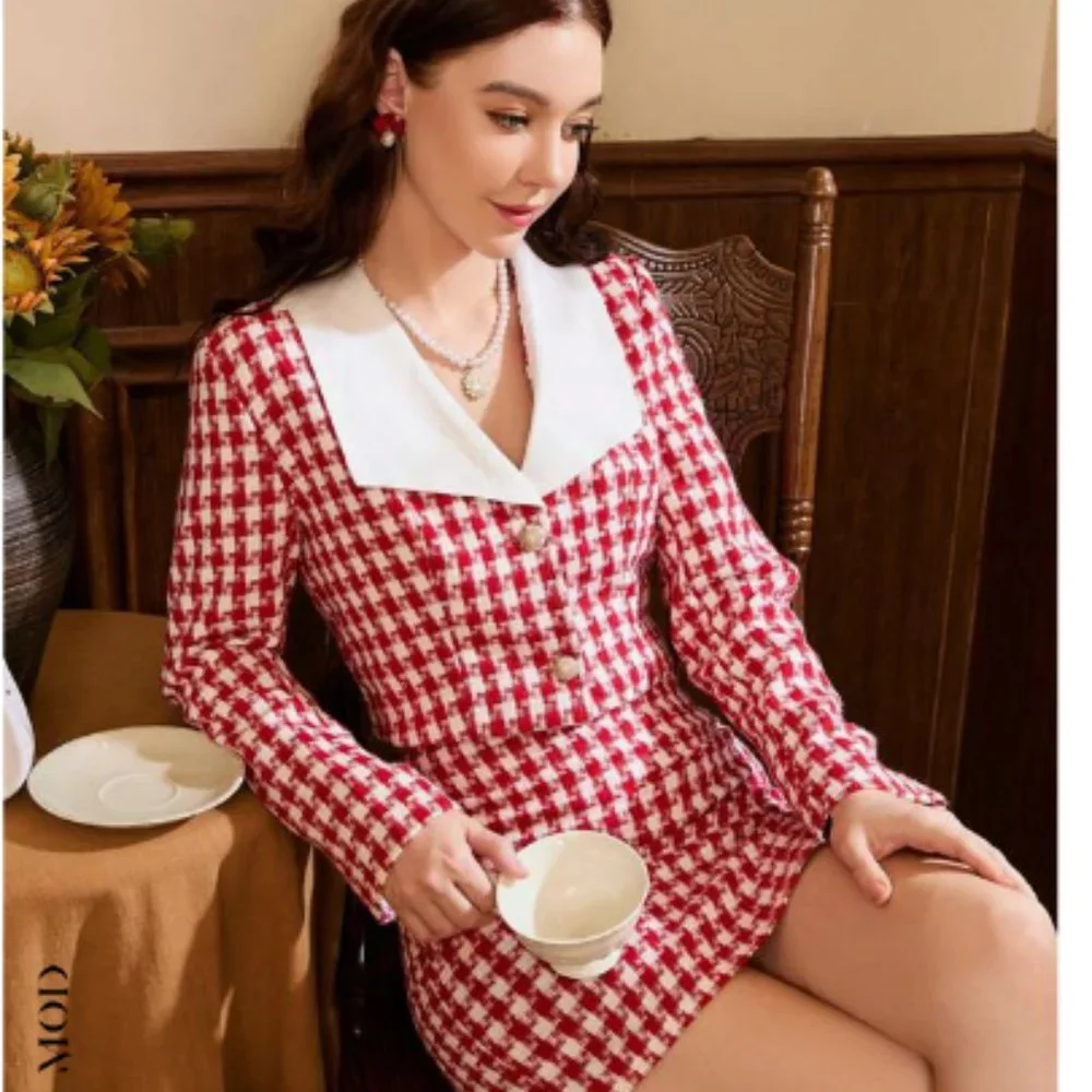 ๐5/$25๐ SHEIN MOD HOUNDSTOOTH CONTRAST COLLAR JACKET & SPLIT HEM SKIRT Suit - Picture 2 of 5